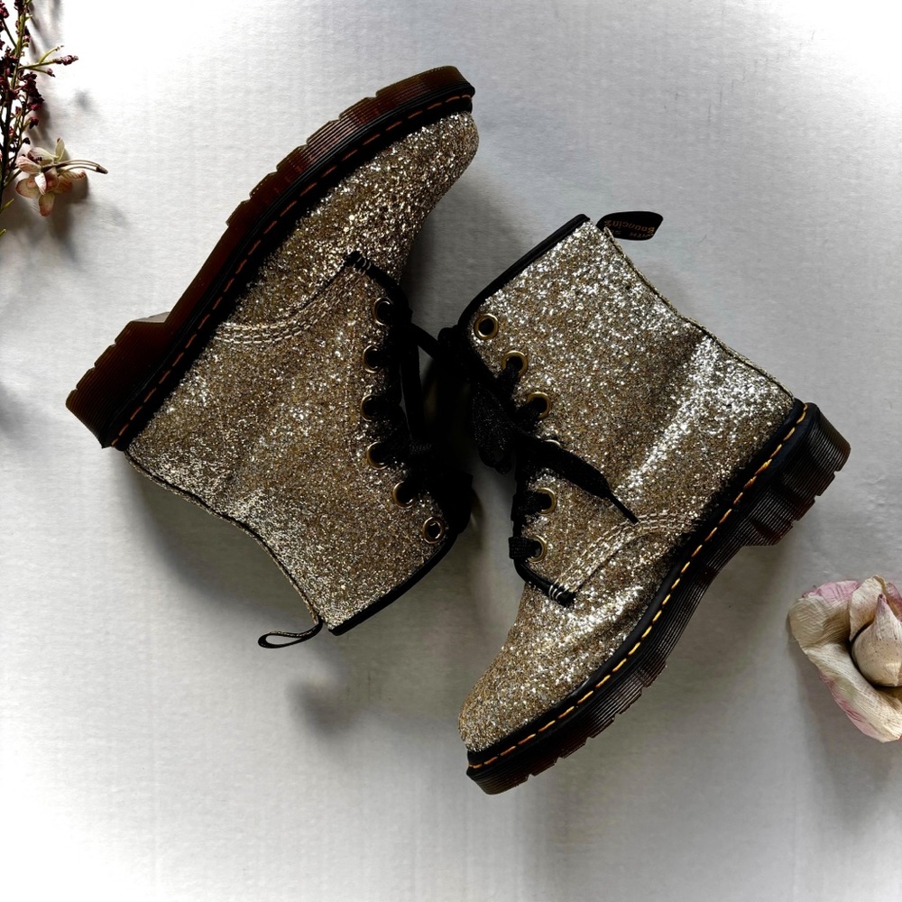 DR. MARTENS 1460 Farrah Gold Chunky Glitter Ankle Combat Boots